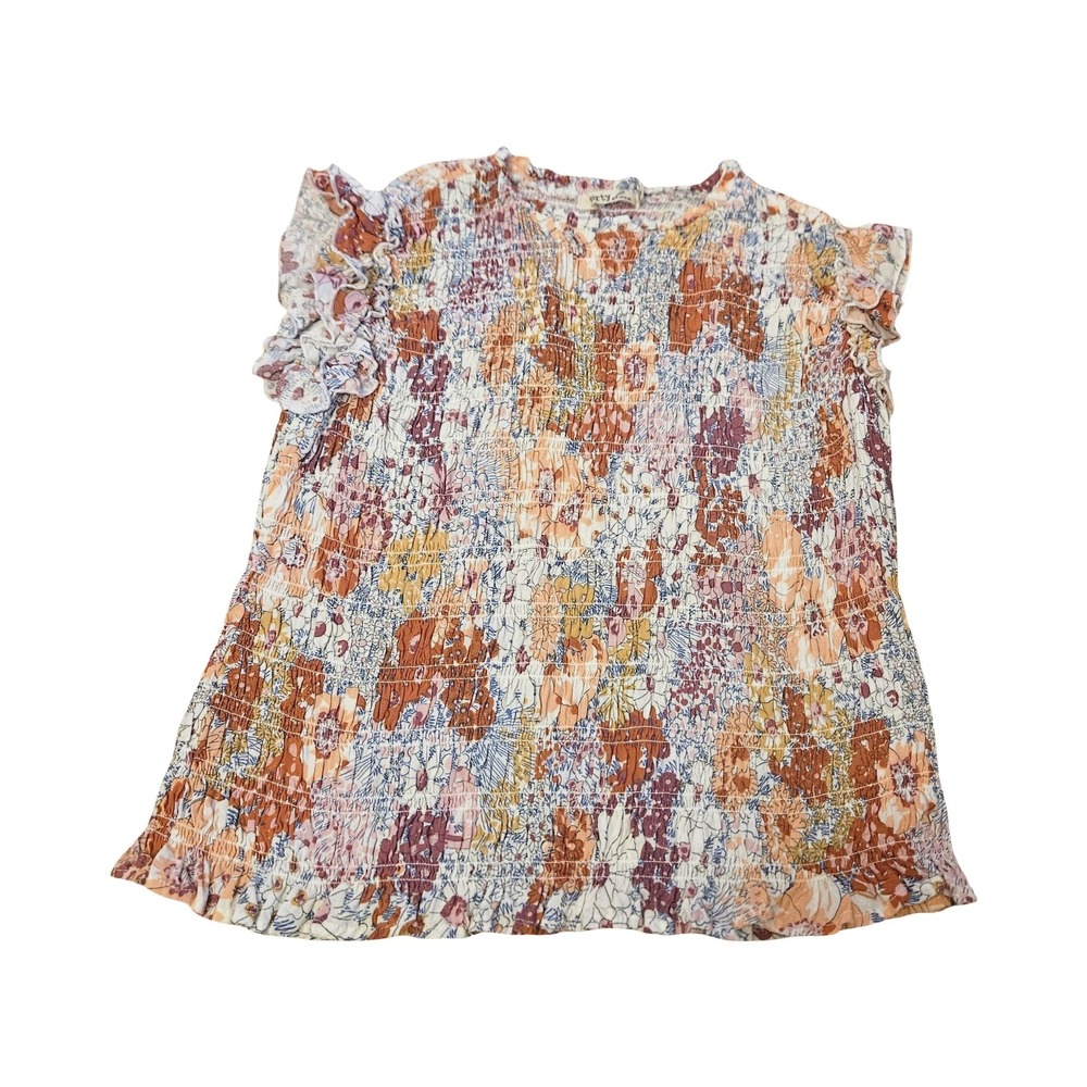Liberty Love Women 1XL Floral Smocked Ruffle Cap Sleeve Blouse Multi-Color Top